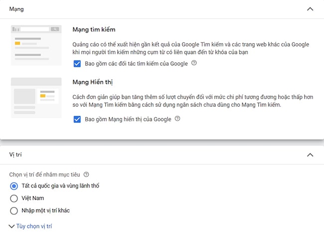 Cài đặt chiến dịch quảng cáo, chọn mạng
